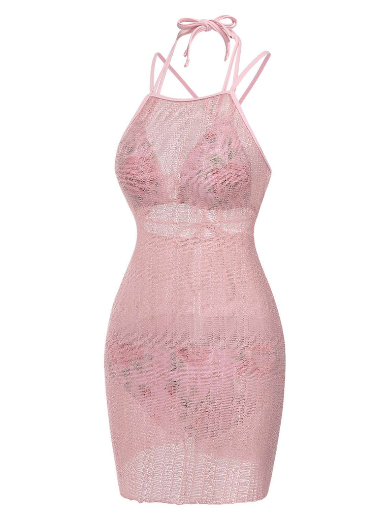 [Vorverkauf] 2PCS Rosa 1940er Rose Bikini Set & Gestrickt Cover Up