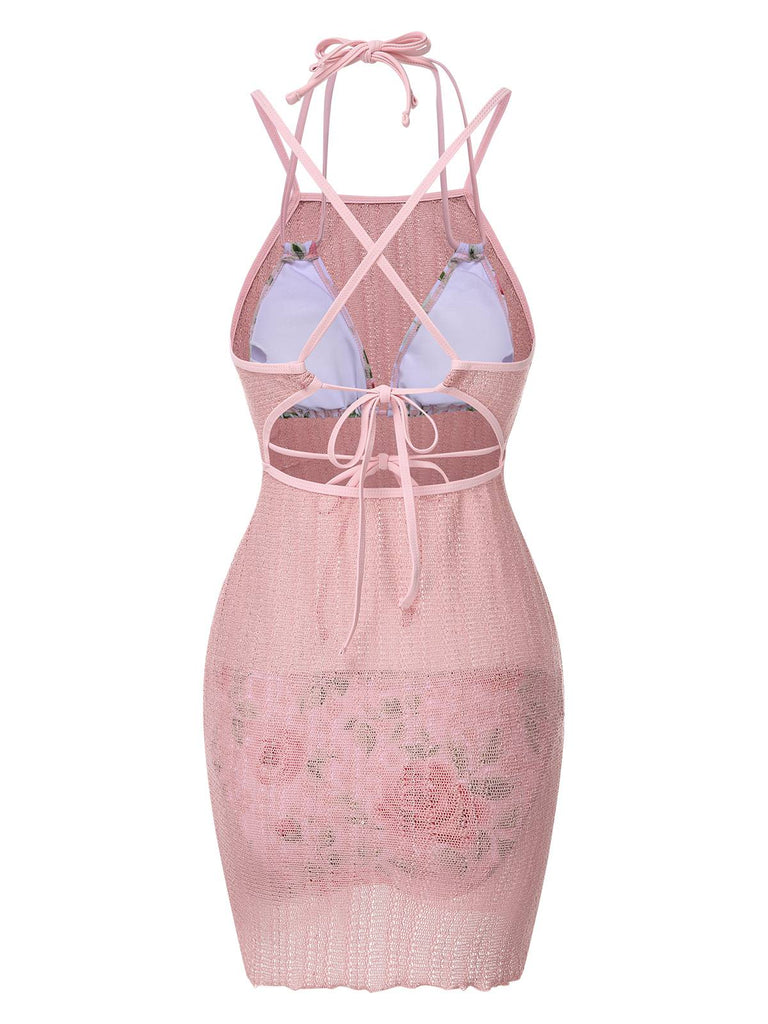 [Vorverkauf] 2PCS Rosa 1940er Rose Bikini Set & Gestrickt Cover Up
