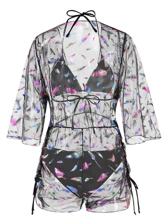 2PCS Schwarz 1940er Schnürung Feder Bikini Set & Cover-Up