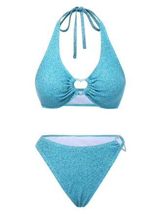 Blau 1970er Glitzer Herz Hohl Bikini Set
