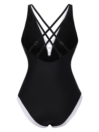 Schwarz 1950er 3D-Blumen Patchwork Badeanzug