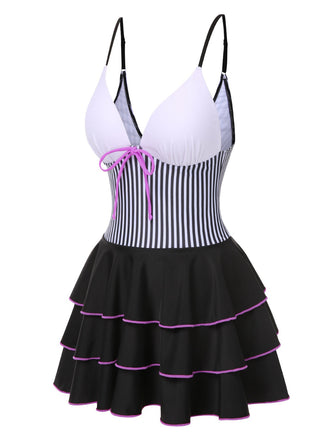 1940er Streifen Patchwork Mehrlagiger Saum Swim Kleid