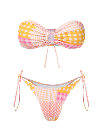 Rosa 1970er Gingham Plaid Bandeau Bikini Set