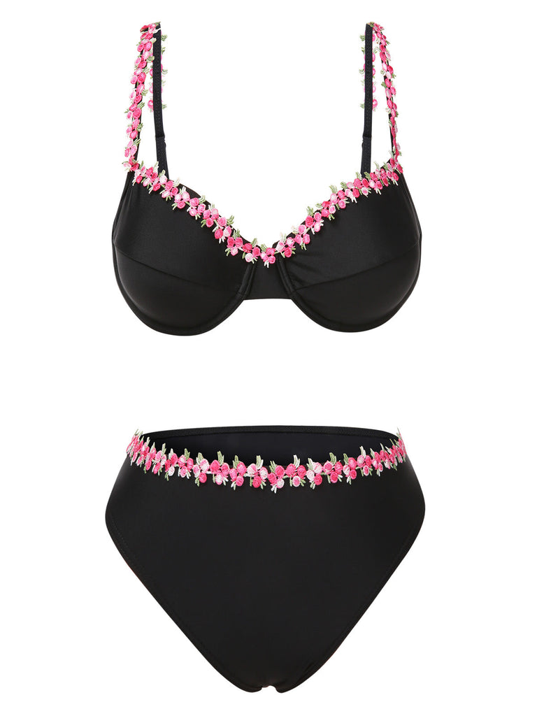 Schwarz 1950er 3D-Blumen Spaghetti Träger Bikini Set