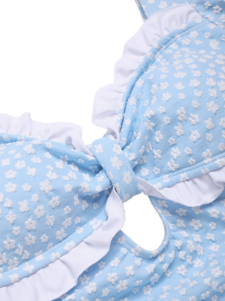 Blue 1940er Kleine Blumen Rüschen Badeanzug