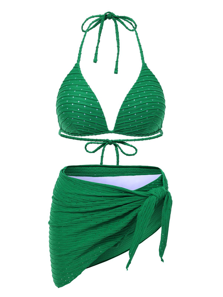 2PCS 1940er Halter Textur Solide Bikini Set & Cover-Up