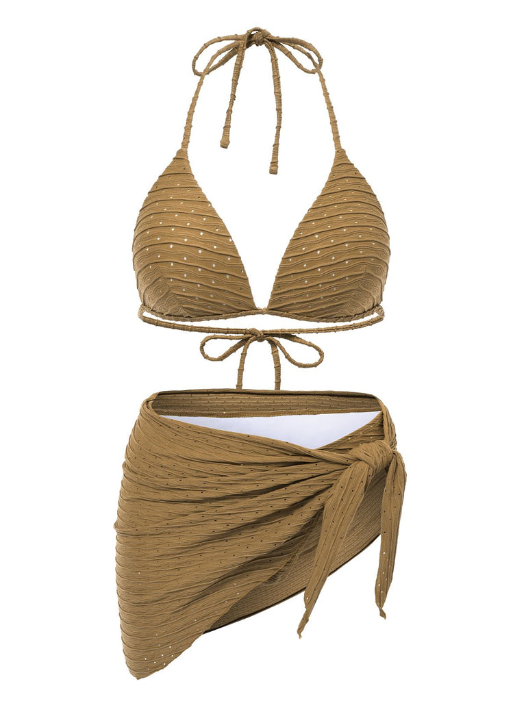 2PCS 1940er Halter Textur Solide Bikini Set & Cover-Up
