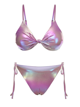 Lila 1970er Twist Glänzend Bikini Set