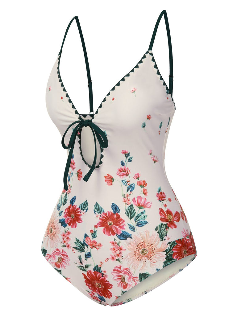 1950er Blumen Drucken Spaghetti Träger Badeanzug