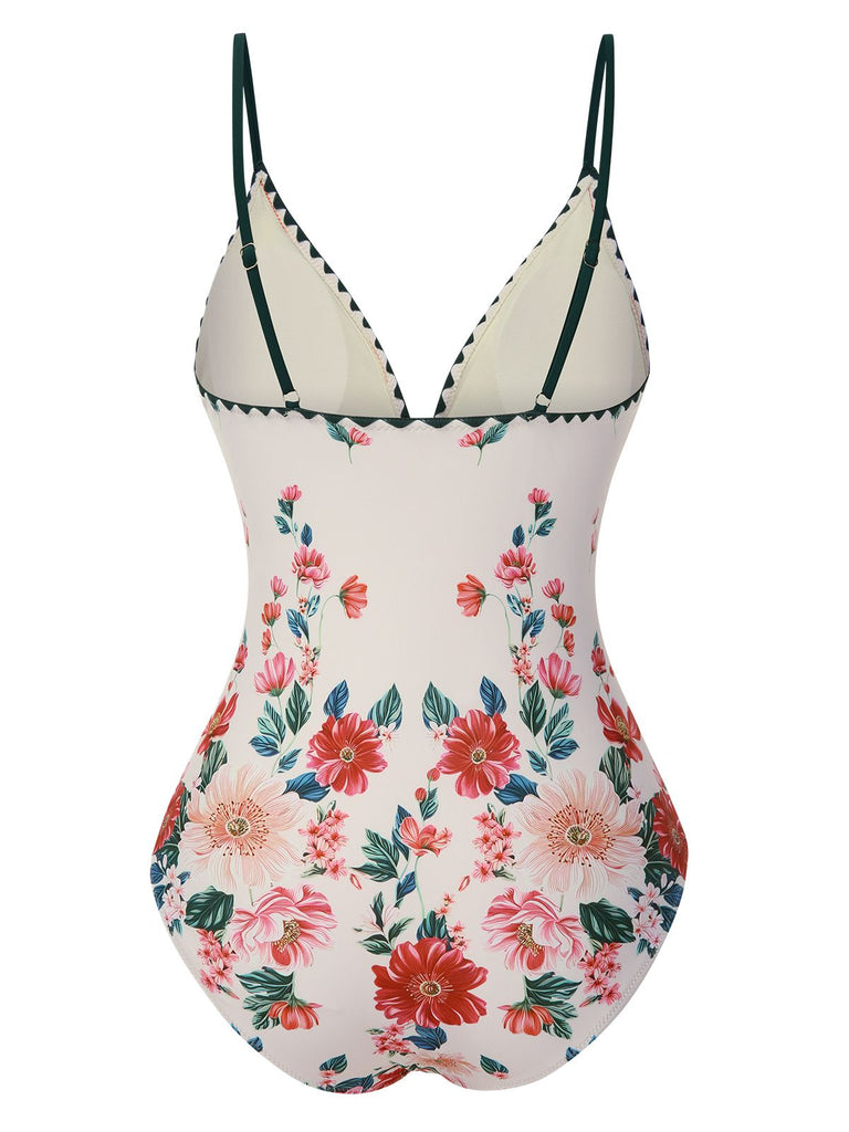 1950er Blumen Drucken Spaghetti Träger Badeanzug
