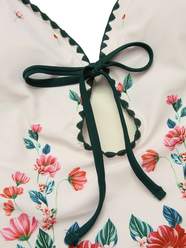 1950er Blumen Drucken Spaghetti Träger Badeanzug