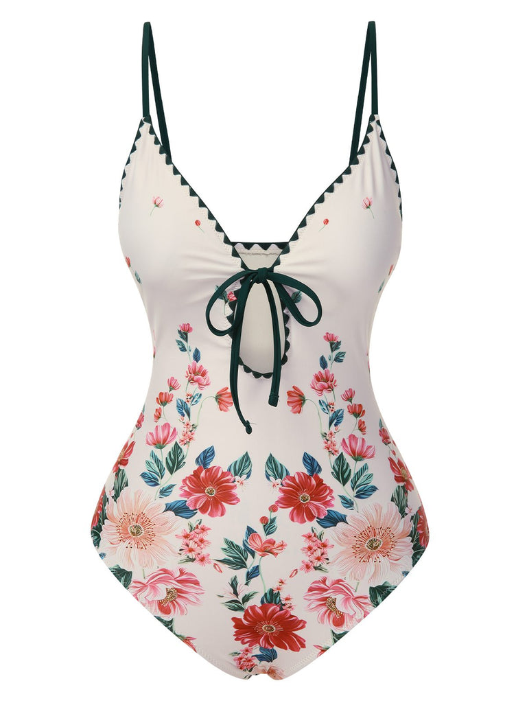 1950er Blumen Drucken Spaghetti Träger Badeanzug
