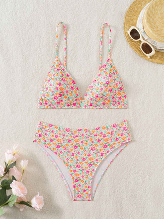 Mehrfarbig 1950er Ditsy Blumen Rückenkrawatte Bikini Set