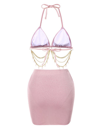 Rosa 1970er Shimmery Schimmernder Kettenkristall Bikini & Cover-Up