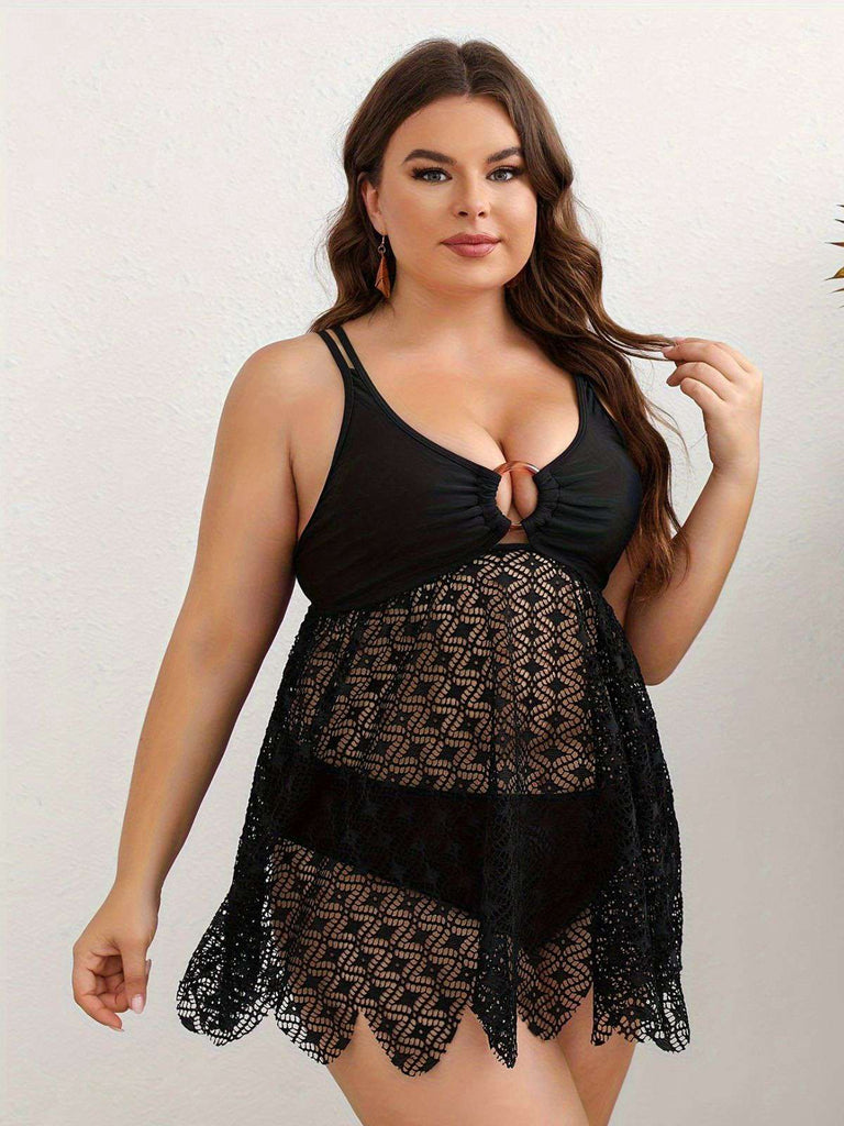 [Übergröße] Schwarz 1950er Solide Bohemien Spitze Tankini Set