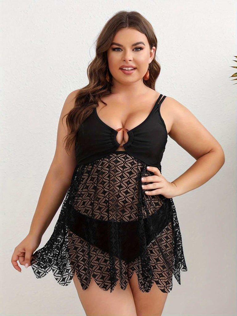 [Übergröße] Schwarz 1950er Solide Bohemien Spitze Tankini Set
