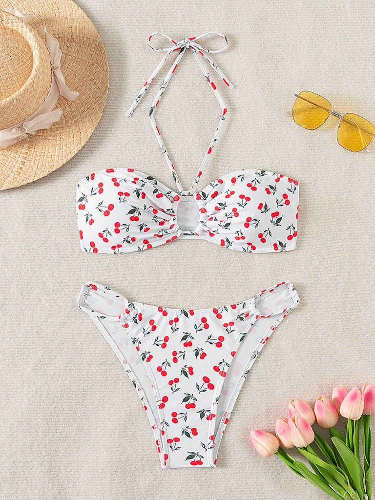 Weiß 1950er Halter Kirsche Bikini Set