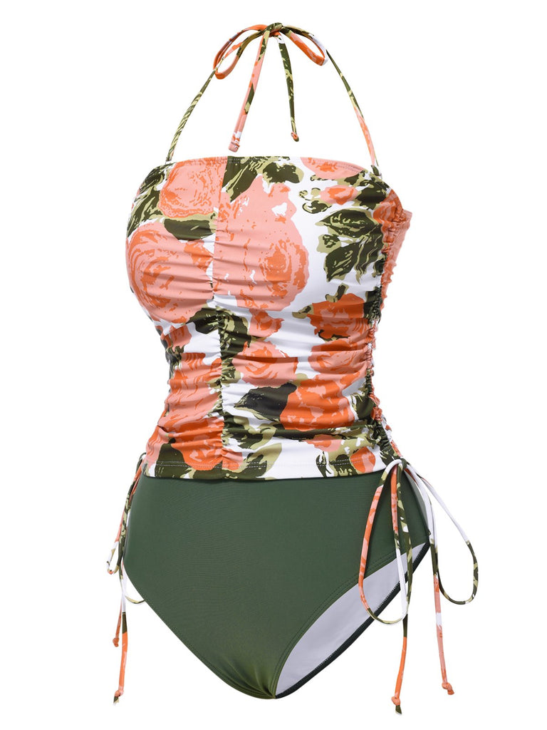 Grün 1960er Bandeau Halter Blumen Kordelzug Bademode