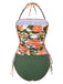 Grün 1960er Bandeau Halter Blumen Kordelzug Bademode