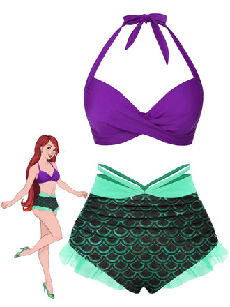 Grün 1970er Halter Meerjungfrauen Scales Badeanzug