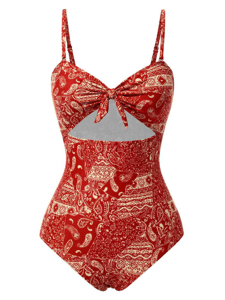 [Vorverkauf] Rot 1970er Paisley Hohl Spaghetti Träger Badeanzug