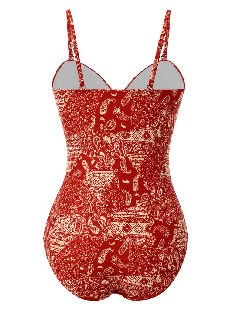 [Vorverkauf] Rot 1970er Paisley Hohl Spaghetti Träger Badeanzug