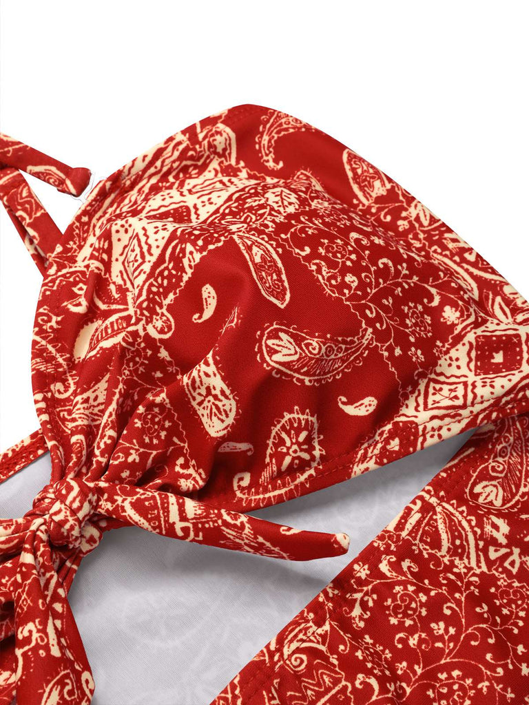 [Vorverkauf] Rot 1970er Paisley Hohl Spaghetti Träger Badeanzug