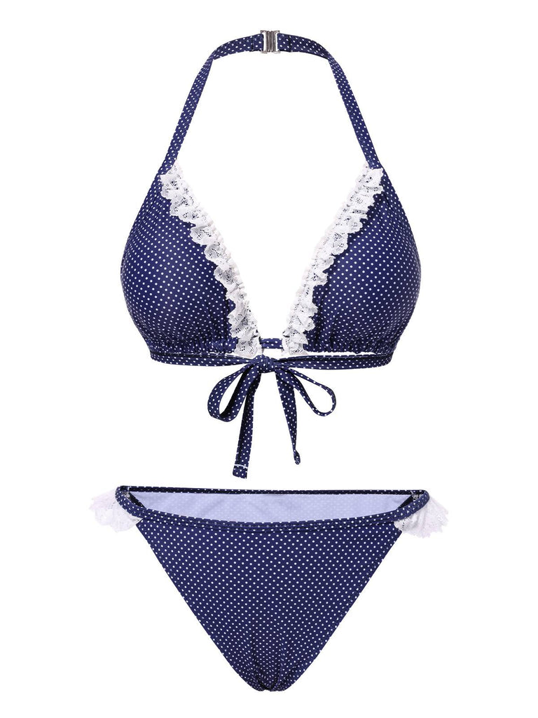 [Vorverkauf] Blau 1950er Polka Dots Spitze Halter Bikini Set