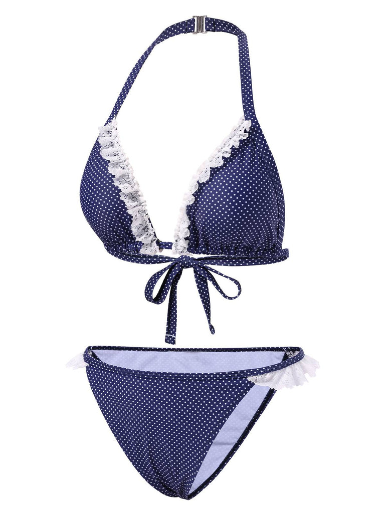 [Vorverkauf] Blau 1950er Polka Dots Spitze Halter Bikini Set