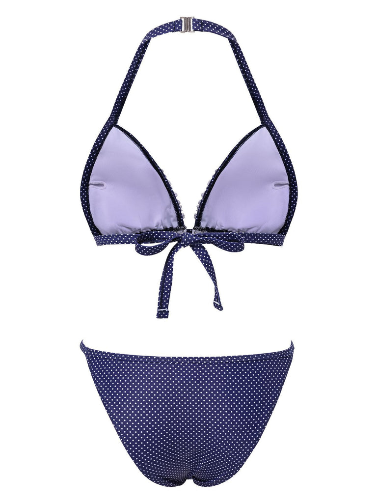 [Vorverkauf] Blau 1950er Polka Dots Spitze Halter Bikini Set