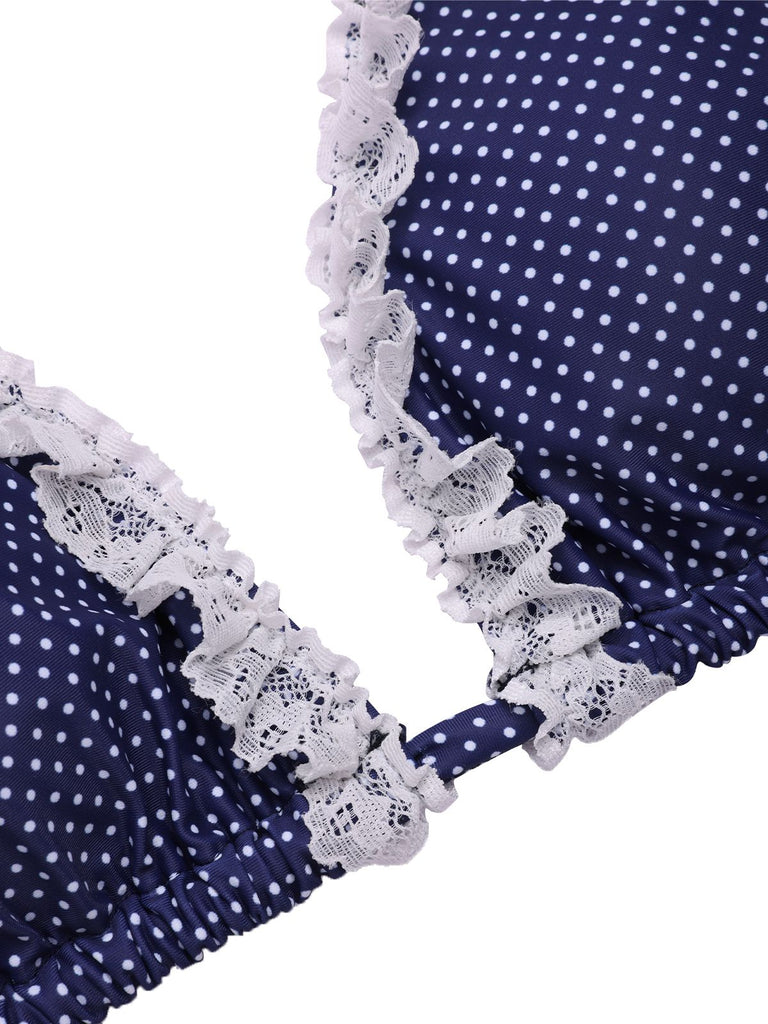 [Vorverkauf] Blau 1950er Polka Dots Spitze Halter Bikini Set