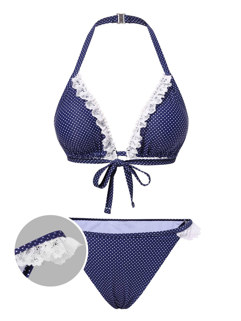 [Vorverkauf] Blau 1950er Polka Dots Spitze Halter Bikini Set