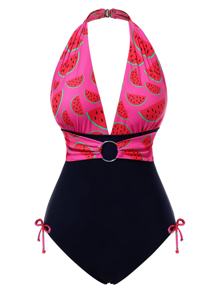 [Vorverkauf] Rosa 1960er Wassermelone Tief-V Halter Badeanzug