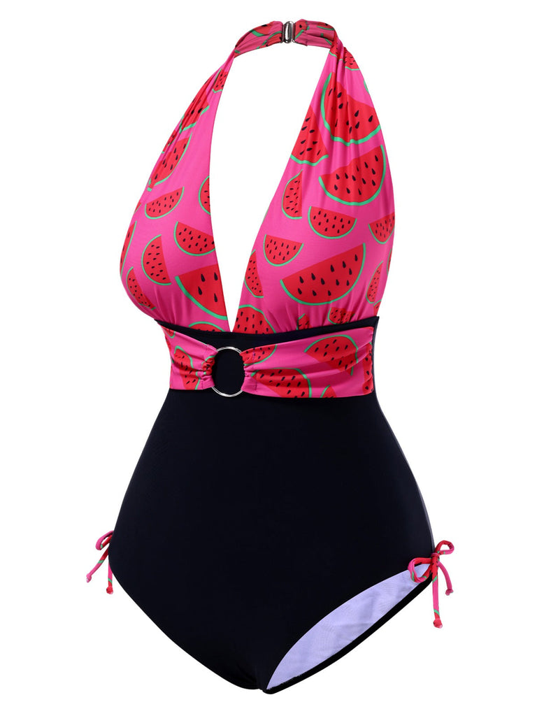 [Vorverkauf] Rosa 1960er Wassermelone Tief-V Halter Badeanzug
