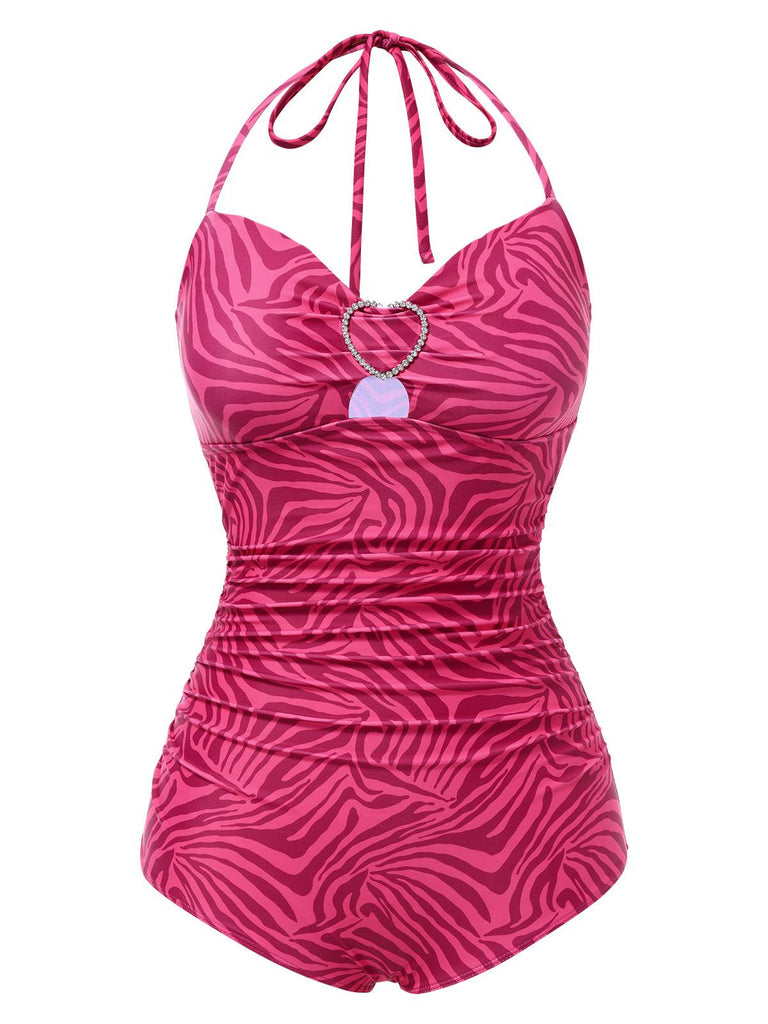 [Vorverkauf] Rosa 1950er Zebra Streifen Strasssteine Herz Badeanzug