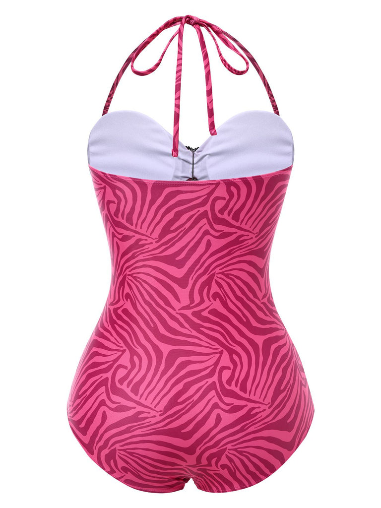 [Vorverkauf] Rosa 1950er Zebra Streifen Strasssteine Herz Badeanzug