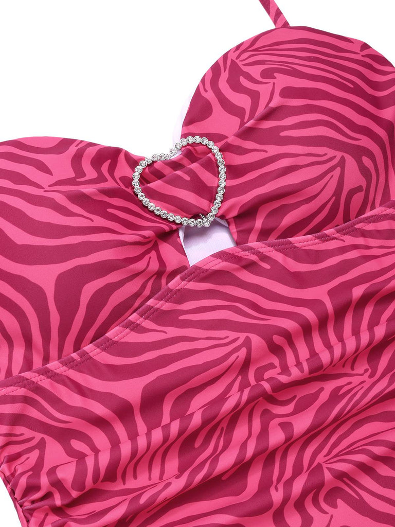 [Vorverkauf] Rosa 1950er Zebra Streifen Strasssteine Herz Badeanzug