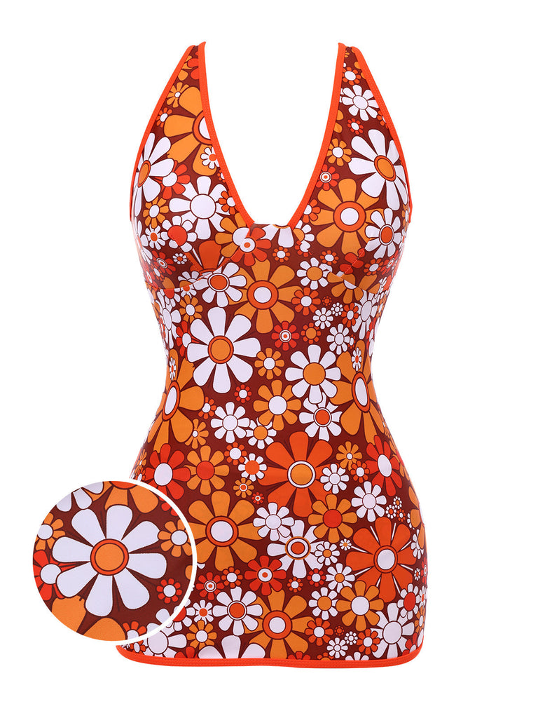 [Vorverkauf] Braun 1960er Bohemien Psychedelisch Blumen Badeanzug