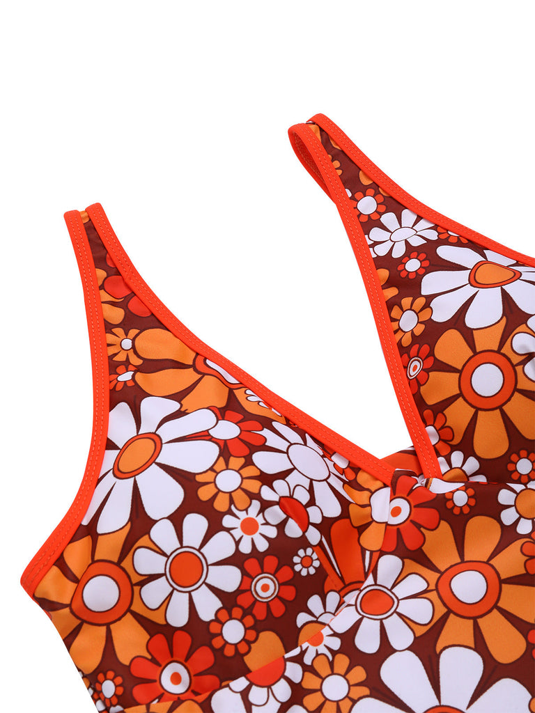 [Vorverkauf] Braun 1960er Bohemien Psychedelisch Blumen Badeanzug