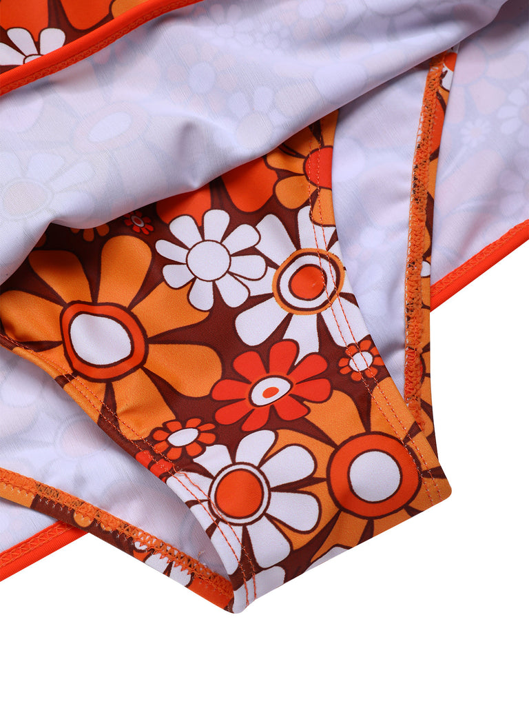 [Vorverkauf] Braun 1960er Bohemien Psychedelisch Blumen Badeanzug