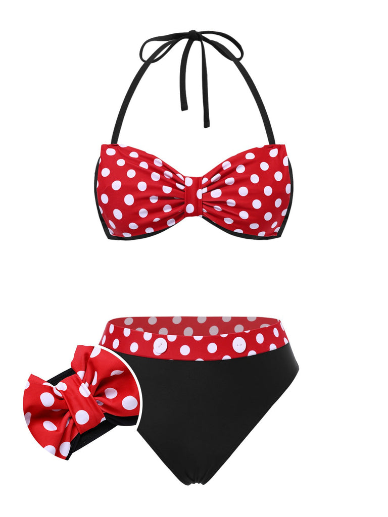 [Vorverkauf] Rot 1950er Polka Dots Bogen Bikini Set & Cover-Up