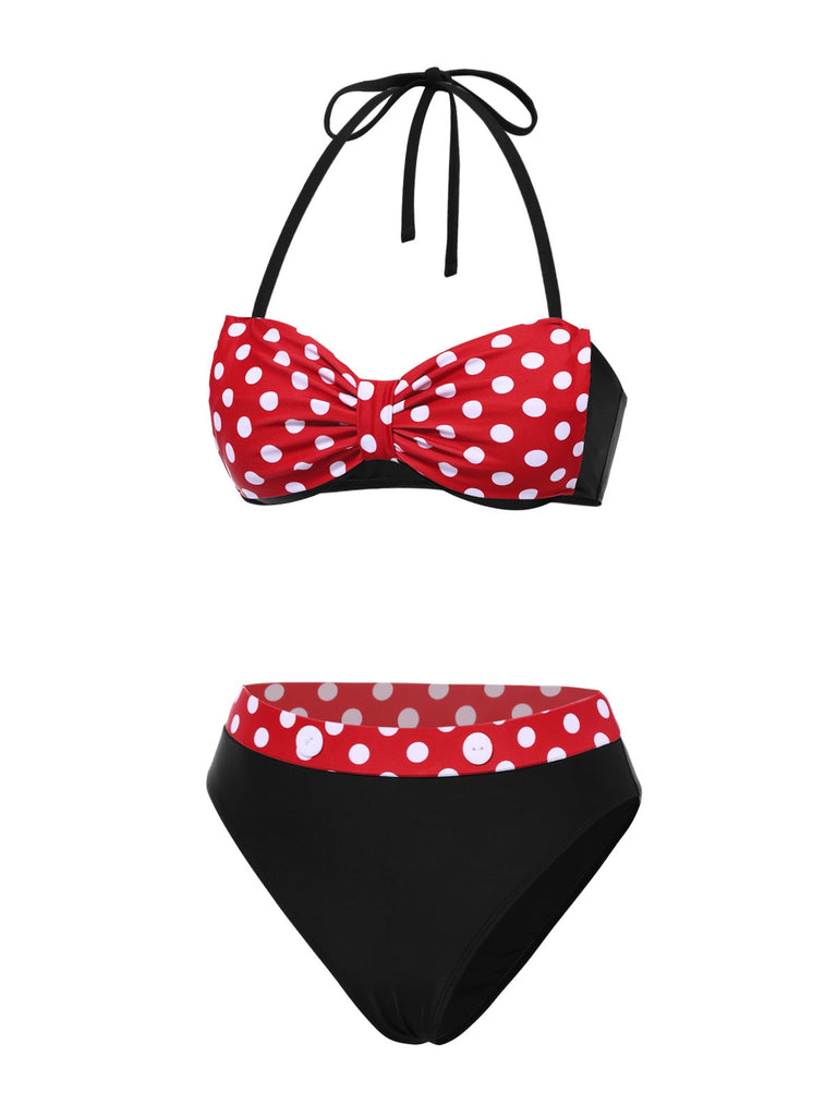 [Vorverkauf] Rot 1950er Polka Dots Bogen Bikini Set & Cover-Up