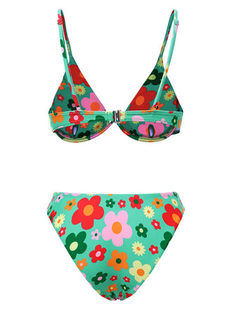 Grün 1950er Karikatur Blumen Bikini Set