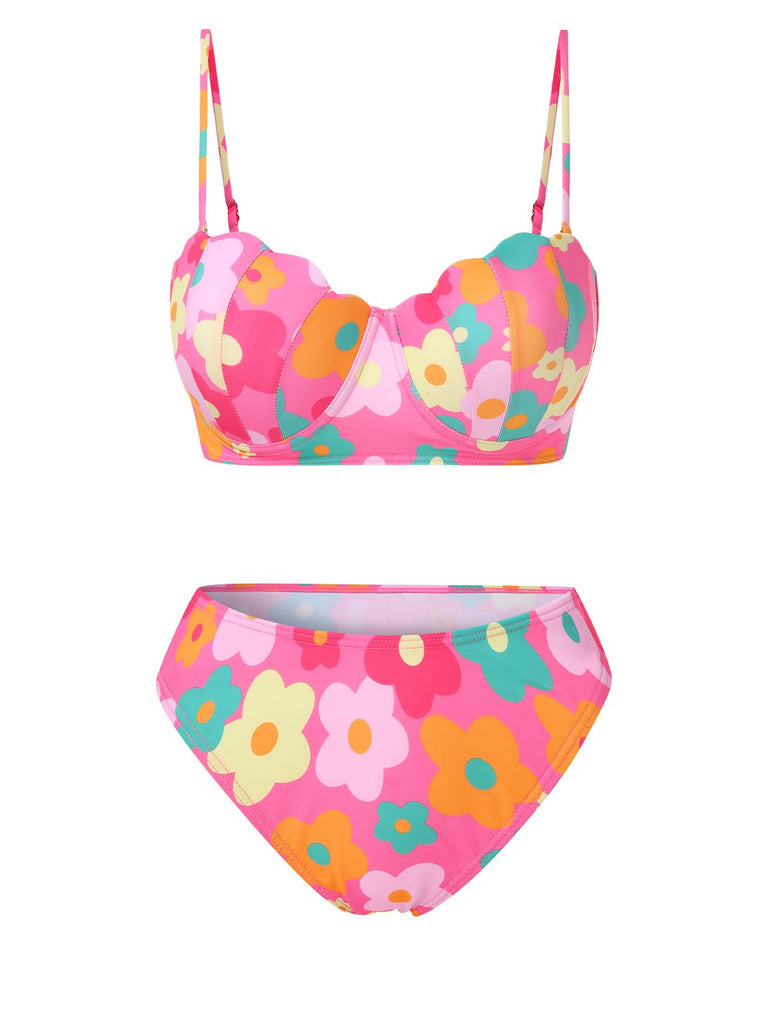 1960er Spaghetti Träger Blumen Shell Bikini Set & Cover-up