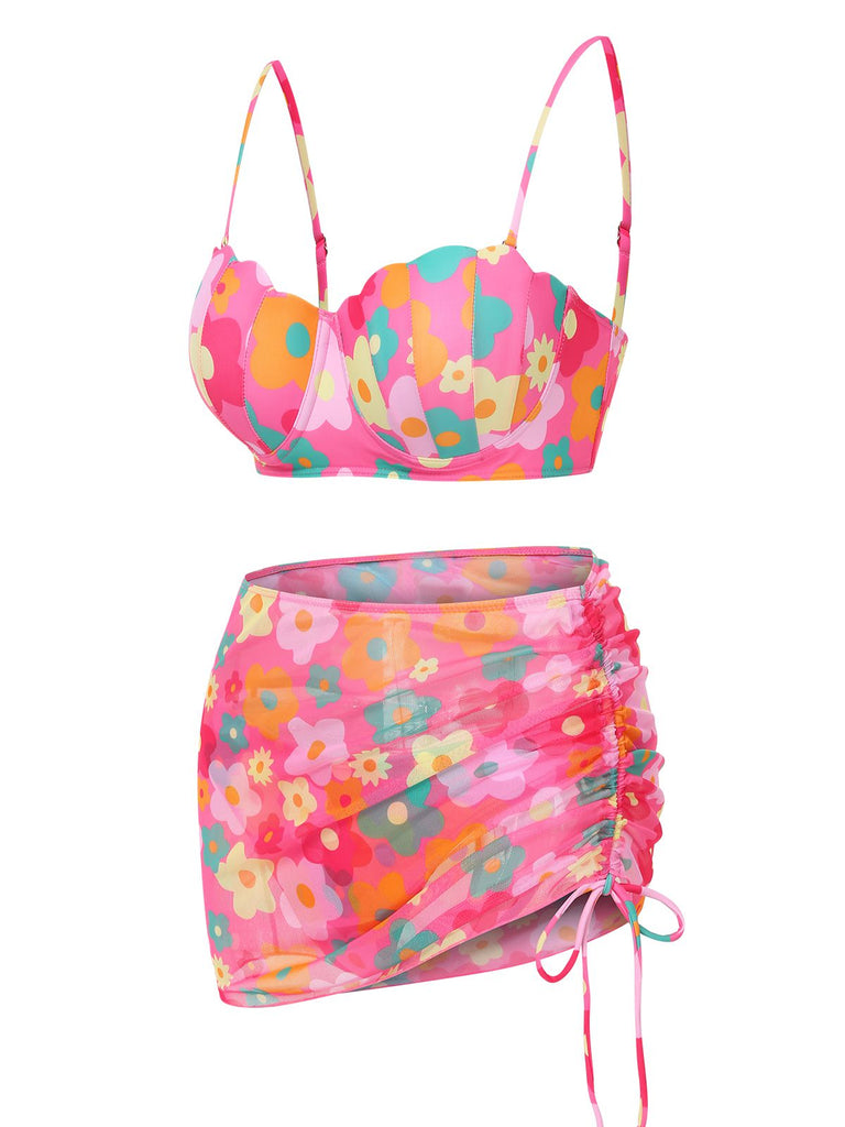 1960er Spaghetti Träger Blumen Shell Bikini Set & Cover-up