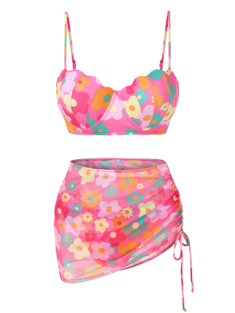 1960er Spaghetti Träger Blumen Shell Bikini Set & Cover-up