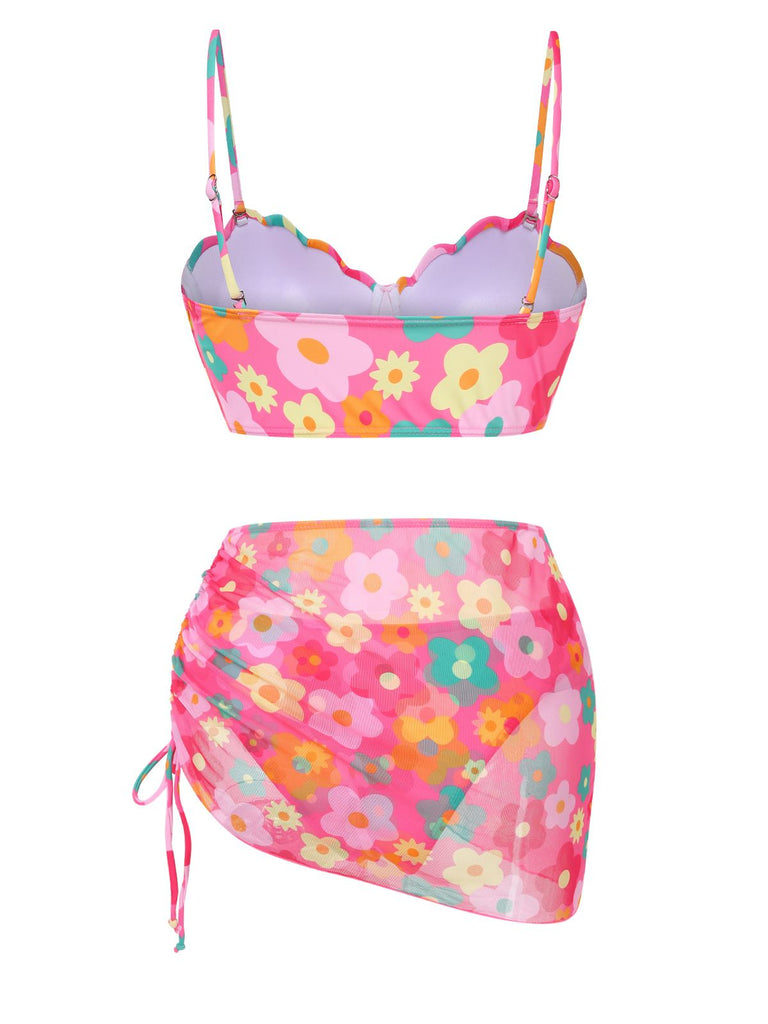 1960er Spaghetti Träger Blumen Shell Bikini Set & Cover-up