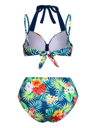 Multicolor 1950er Tropische Pflanzen Patchwork Bikini Set