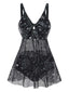 Schwarz 1930er Netz Aushöhlen Sonne Mond Drucken Badekleid