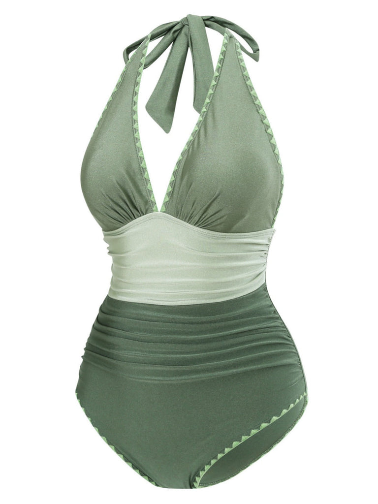 Grün 1950er V-Ausschnitt Halter Rückenfrei Gerüschtes Bademode